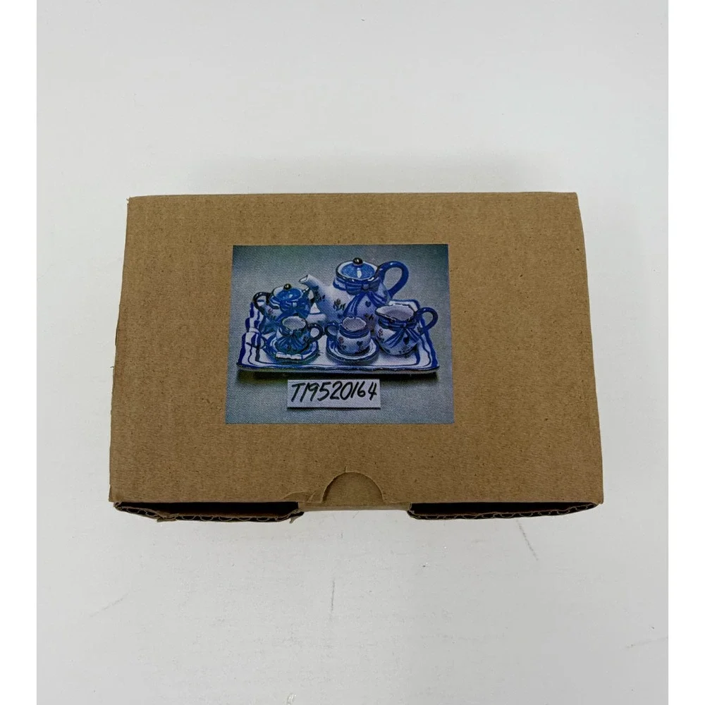 Miniature Tea Set Blue White Floral Roses Tray Dollhouse Display Original Box